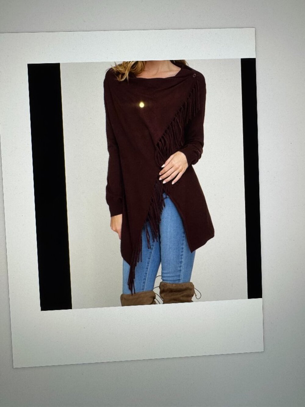 She & Sky Fringed Cardigan Wrap, Brown/Maroon, Small